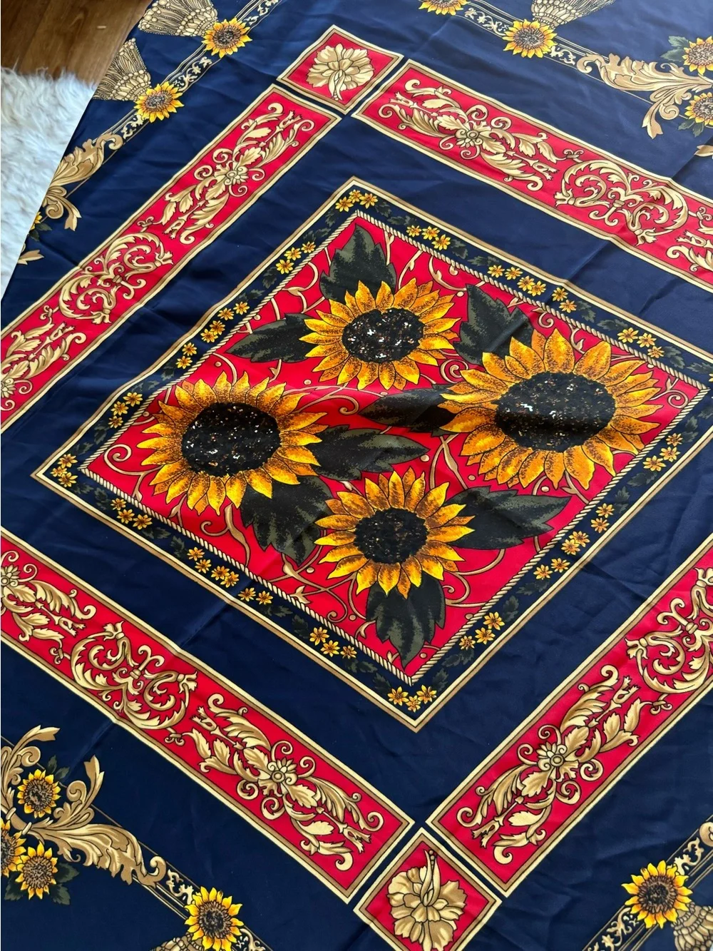 vintage Hermès silk blue,red & gold silk scarf, featuring vibrant 🌻 sunflowers.